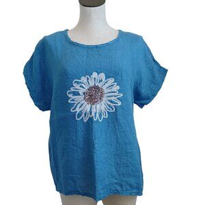 Made In Italy Linen Top Sequin Flower Womens Small